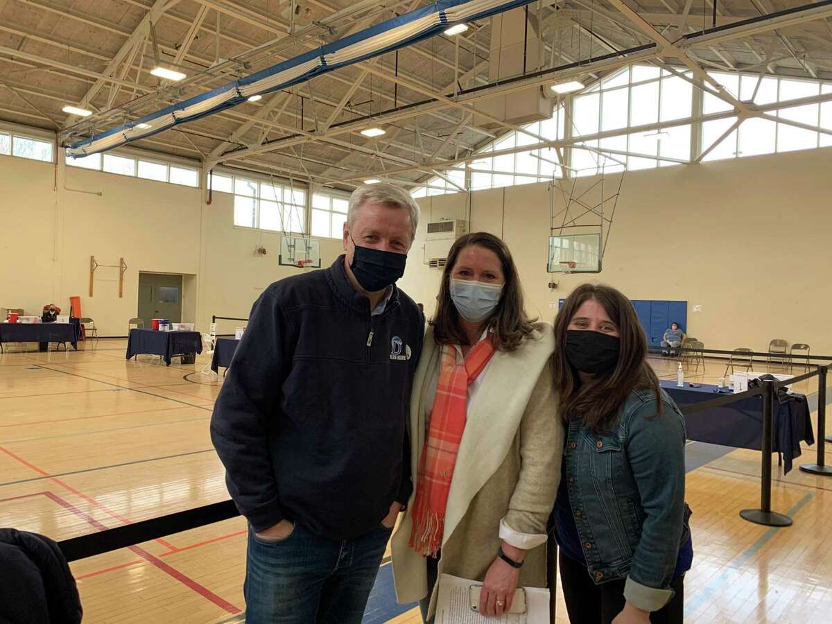 Darien Schools Superintendent Alan Addley with Alicia Casucci, head of nursing, and Darien teachers union president Joslyn DeLancey at Darien's teacher vaccine clinic in February. Darien teachers will be getting their second dose of Moderna on Saturday, April 3, just in time for spring break.