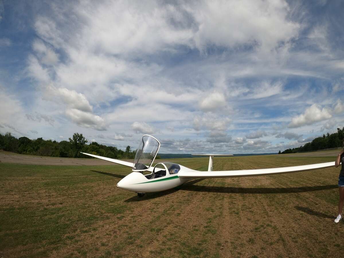 A soaring plane on the ground in Elmira.