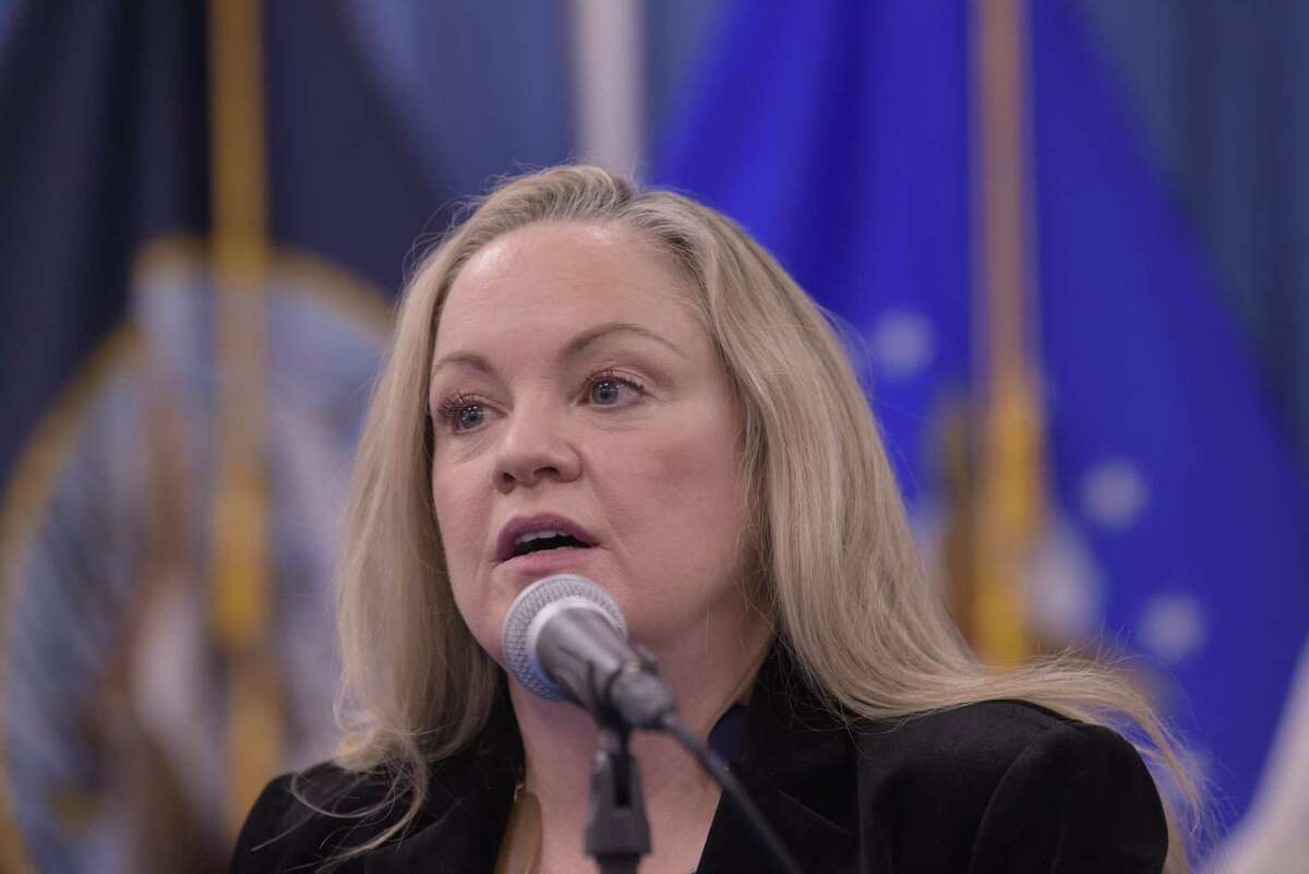 Albany County Department of Health Commissioner Dr. Elizabeth Whalen talks about Covid-19 cases during a press conference on Monday, March 8, 2021, in Albany, N.Y. (Paul Buckowski/Times Union)
