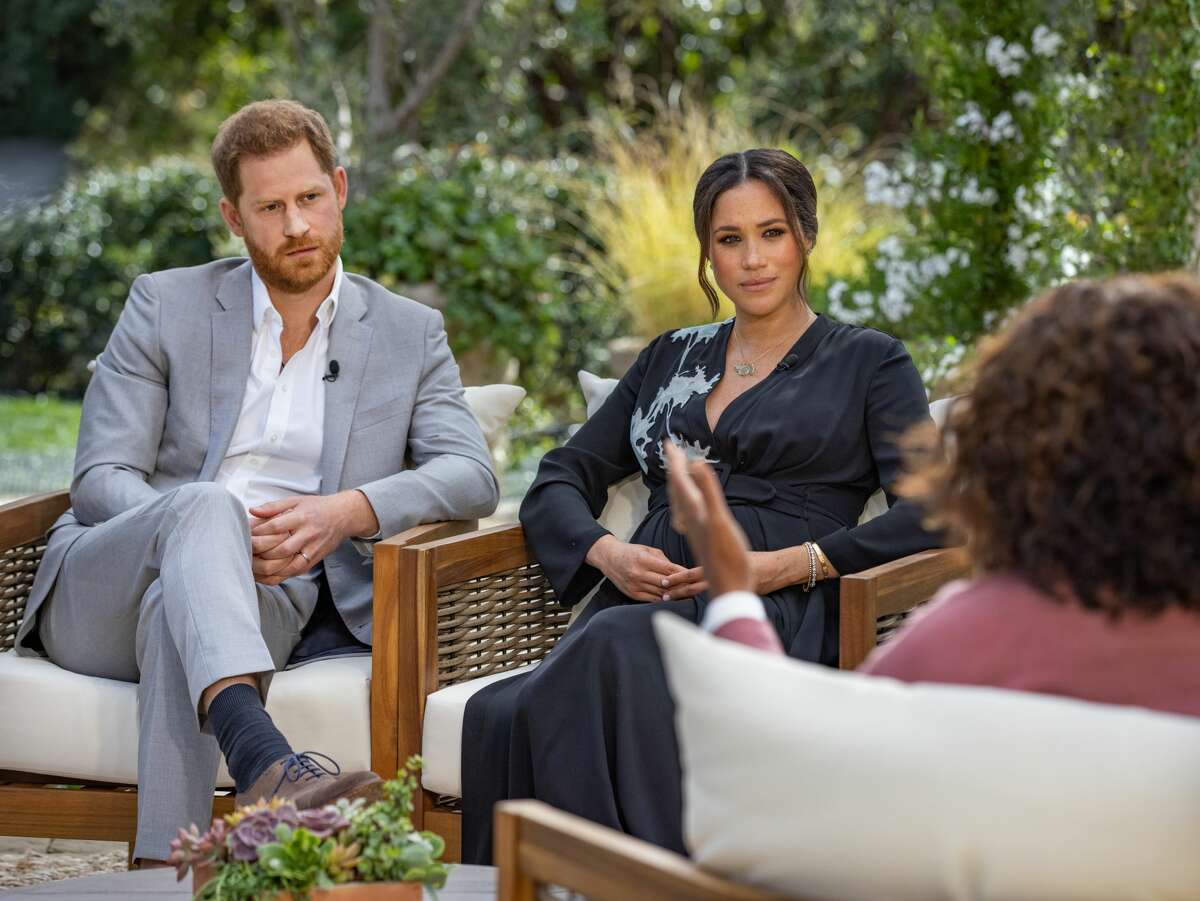 Oprah Winfrey interviews Prince Harry and Meghan Markle on A CBS Primetime Special premiering on CBS on March 7, 2021.