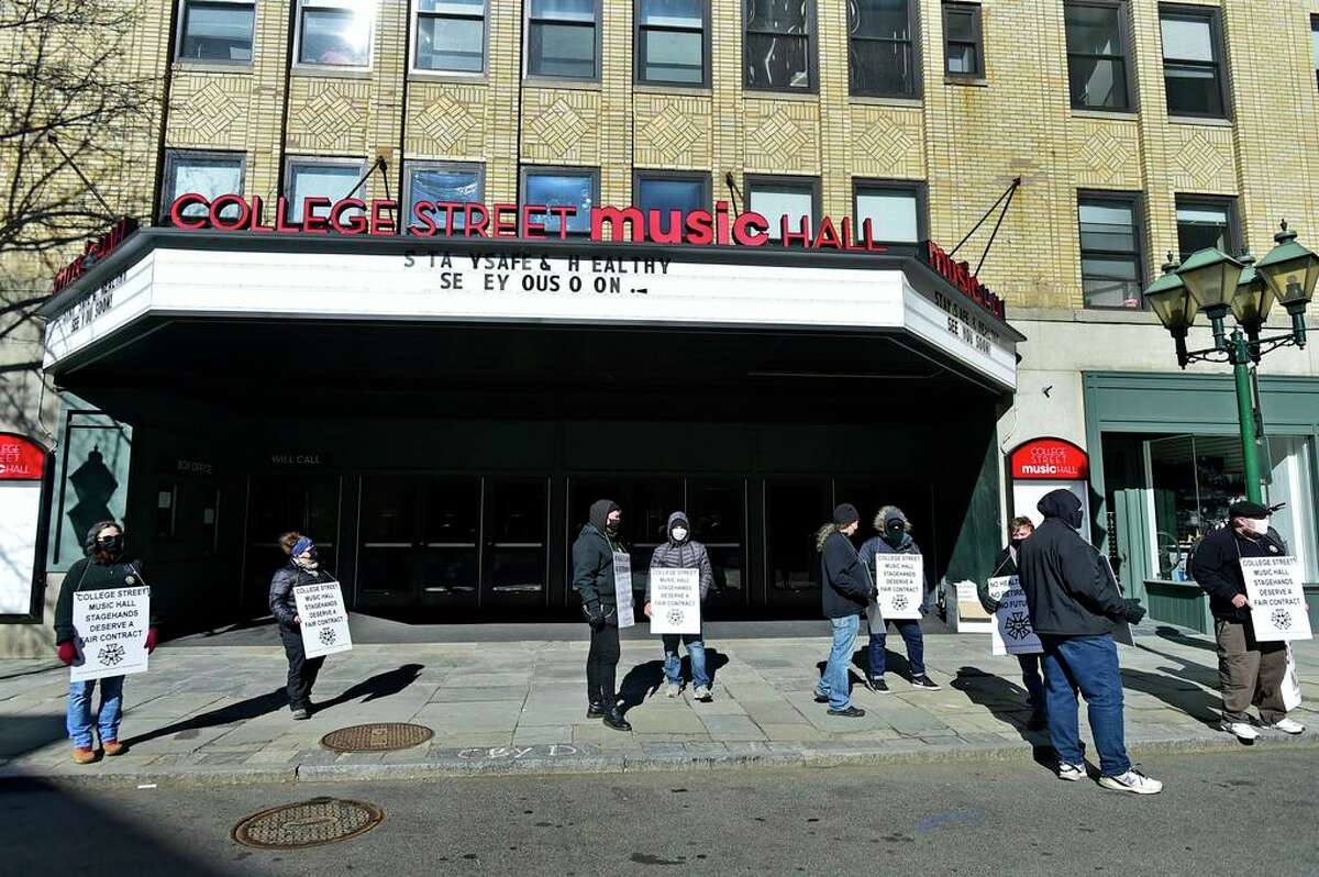 The IATSE Local 74 Union is informational picketing at the College Street Music Hall in New Haven March 8, 2021 as they are still waiting on a new contract for work during the Covid-19 economy. The union is not on strike.