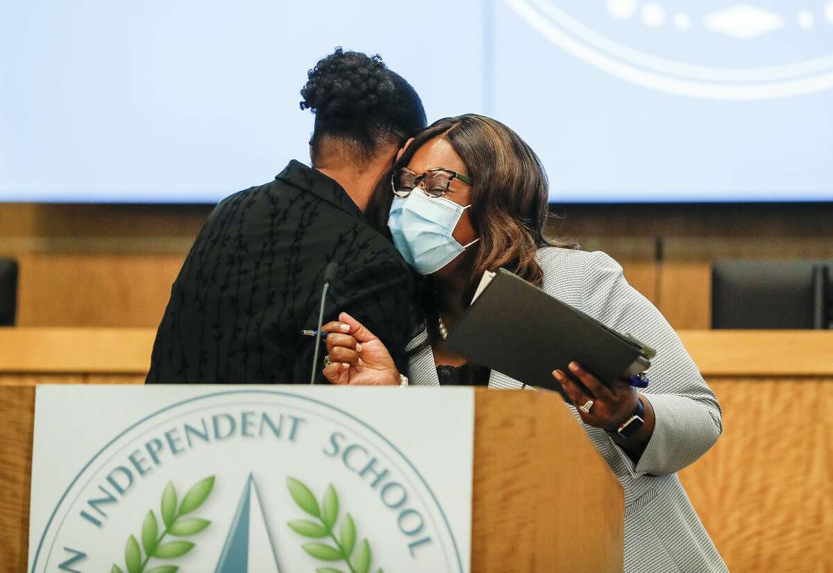 Houston Independent School District Interim Superintendent Dr. Grenita Lathan gets a hug from HISD Board of Education president Patricia Allen after her press conference to announce her decision to leave HISD to become the next Superintendent of Springfield, Missouriâs public schools, in the Board Auditorium at the Hattie Mae White Educational Support Center, 4400 West 18th Street, Monday, March 8, 2021, in Houston.