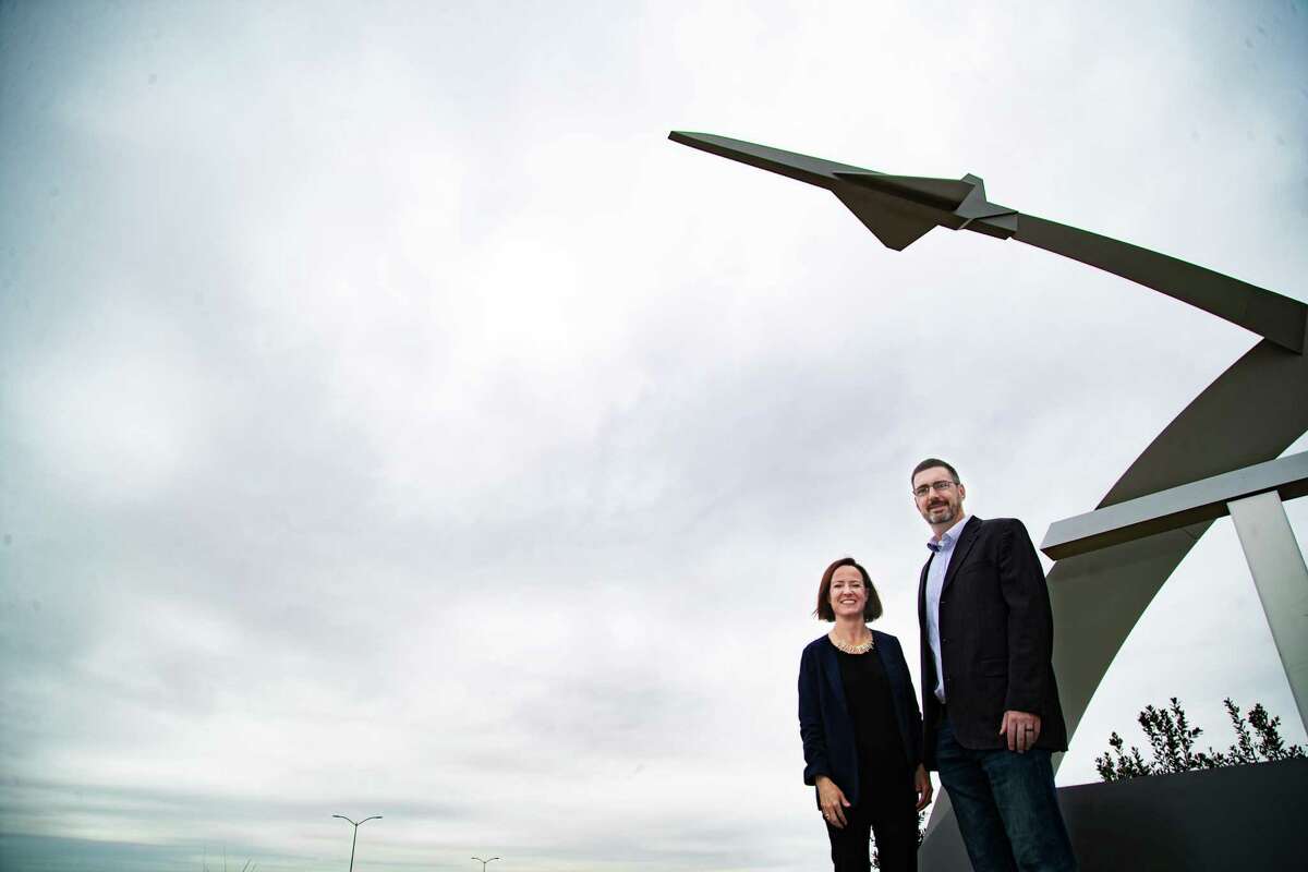 Sarah “Sassie” Duggleby, Venus Aerospace co-founder and CEO, and her husband Andrew Duggleby, Venus Aerospace co-founder and Chief Technology Officer at the Houston Spaceport entrance sign, Friday, March 5, 2021, in Houston.