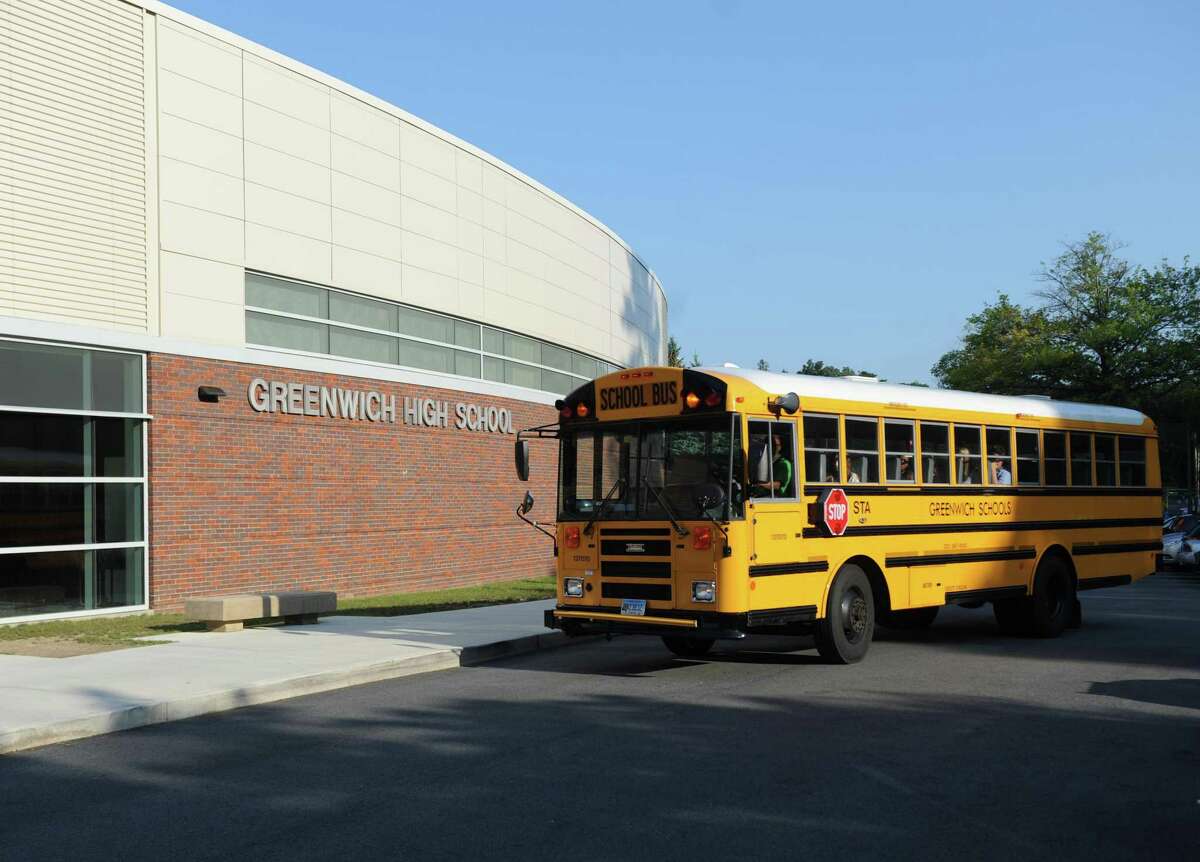 A school bus turns into Greenwich High on Aug. 31, 2017.