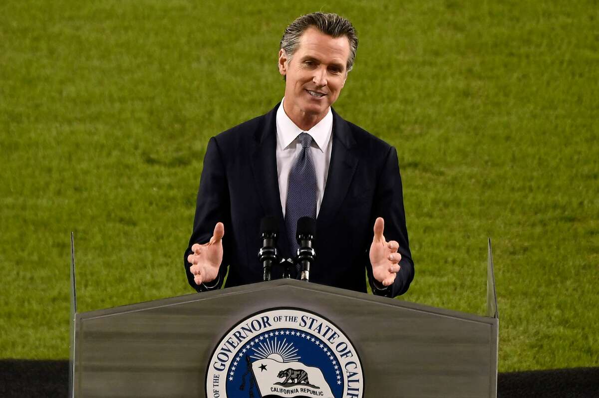 Gov. Gavin Newsom delivers the State of the State address at Dodger Stadium in Los Angeles on Tuesday night.
