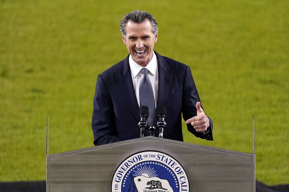 California Gov. Gavin Newsom delivers his State of the State address from Dodger Stadium Tuesday, March 9, 2021, in Los Angeles.