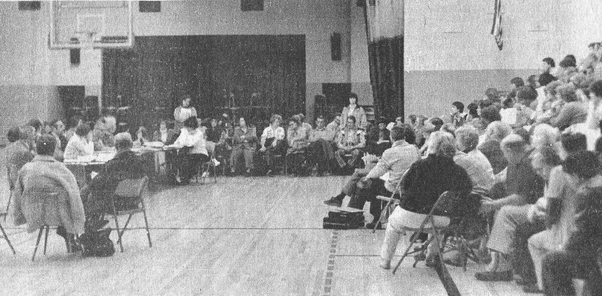 Various issues brought about 250 people to the Kaleva Norman Dickson Board of Education meeting 40 years ago. The meeting lasted about six hours. The photo was published on the front page of the News Advocate on March 11, 1981. (Manistee County Historical Museum photo)