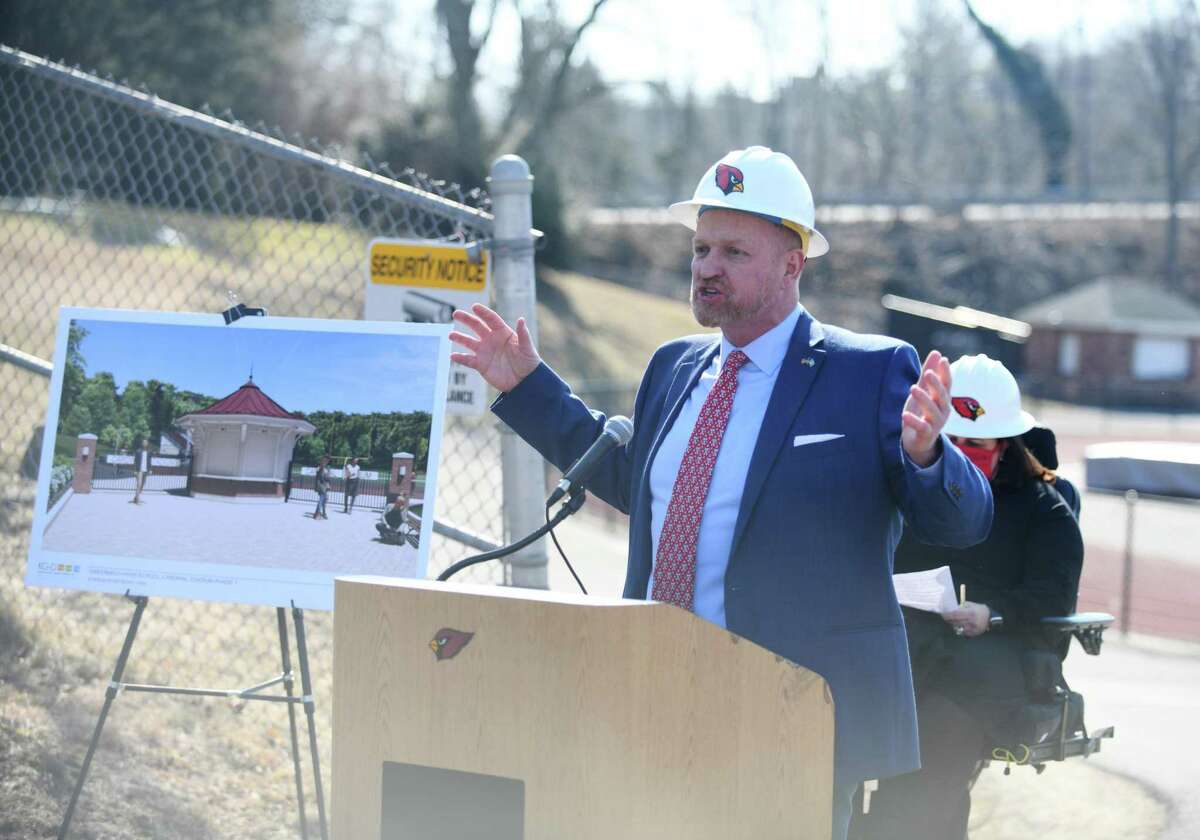 Board of Education member Joe Kelly speaks at the groundbreaking for the improvements to Cardinal Stadium at Greenwich High School in Greenwich, Conn. Wednesday, March 10, 2021. The groundbreaking marked the start of construction for Phase 1a, which includes the assembly of new bleachers, new press box in the bleachers, new team room, new bathrooms, and a new snack bar. Board of Education member Joe Kelly, GHS PTA co-president Stephanie Cowie, GHS Director of Athletics Gus Lindine, and First Selectman Fred Camillo spoke at the event.