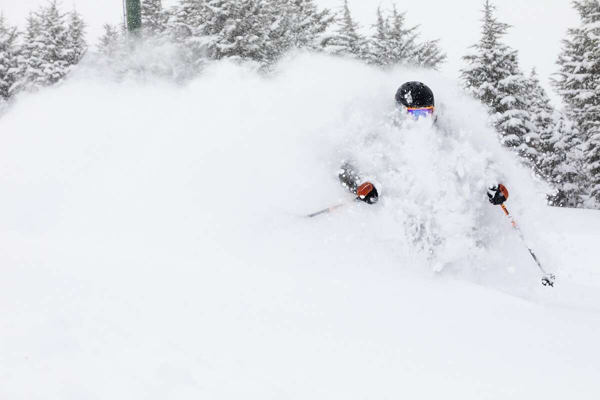 A skier carves powder at Kirkwood Mountain Resort on Wednesday, March 10.