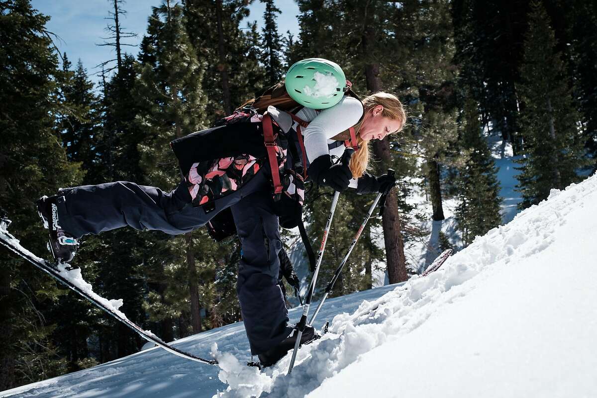 Alpenglow Expeditions student Aubrey Worley practices a kick turn during a backcountry class in Olympic Valley (Placer County).