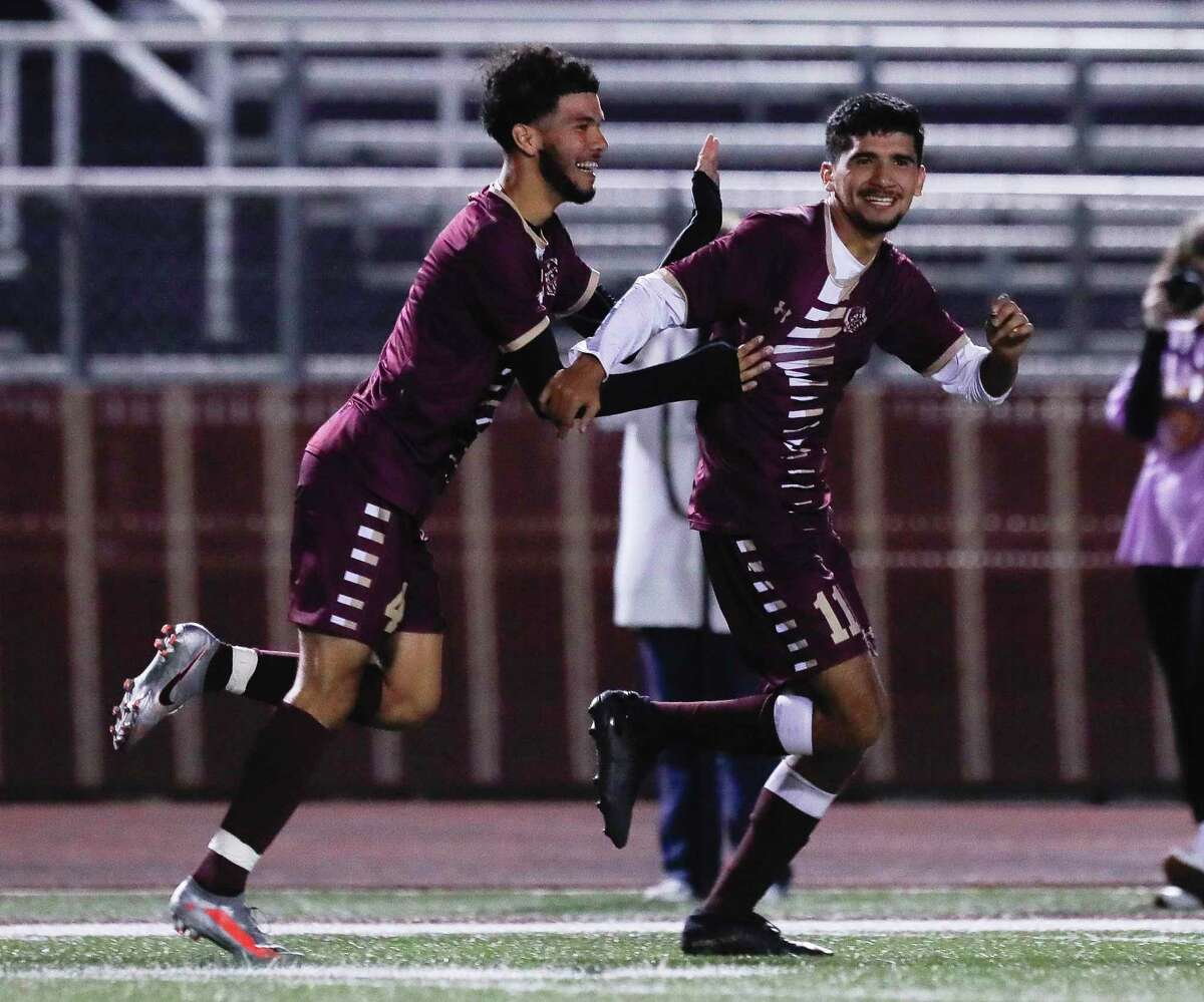 Magnolia West’s Fernando Campos (11) reacts after scoring a goal during the first period of a District 19-5A high school soccer match at Magnolia West High School, Wednesday, March 10, 2021, in Magnolia.