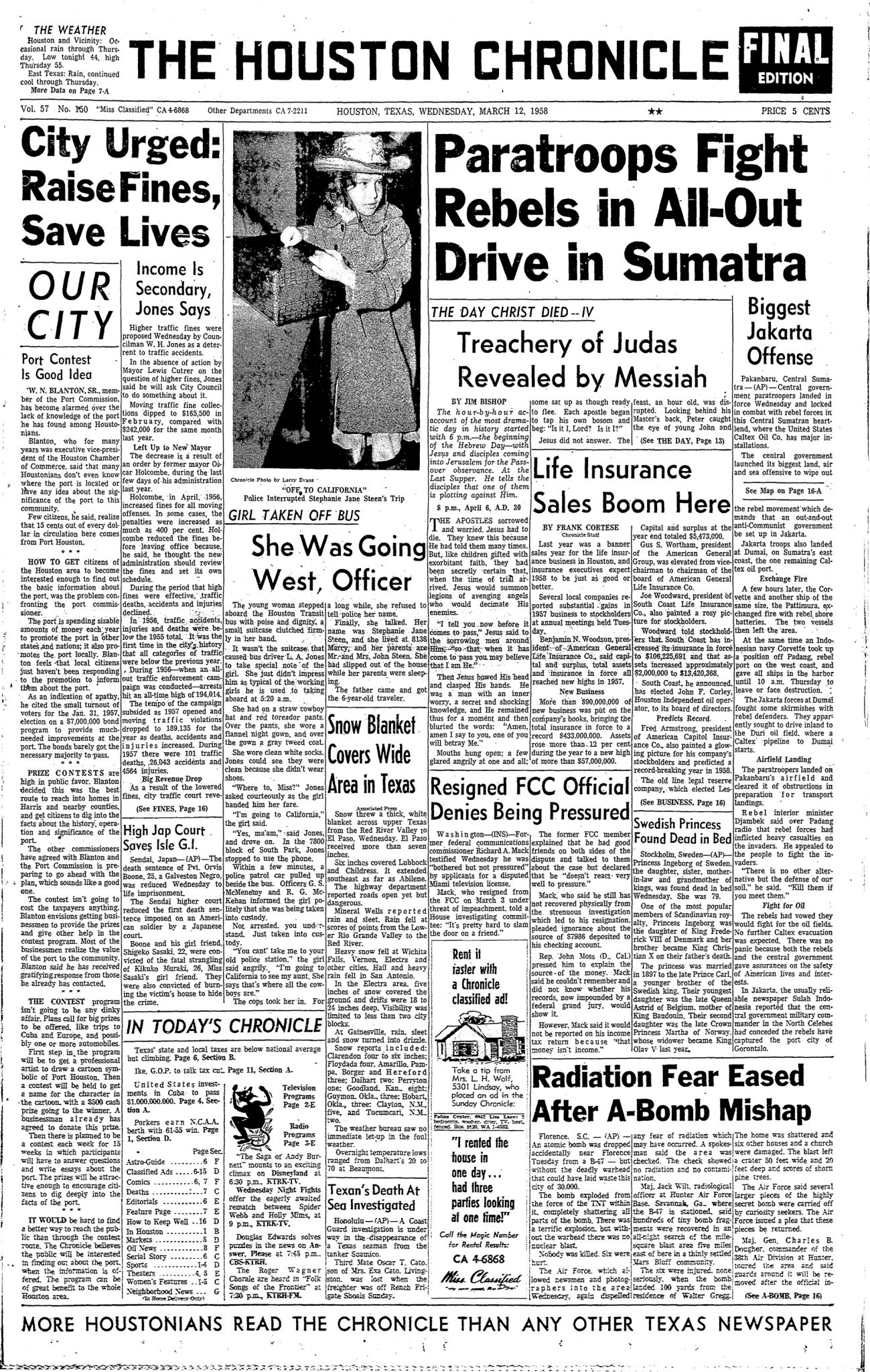 March 12, 1958: A child catches a bus ride and ends up on the front page