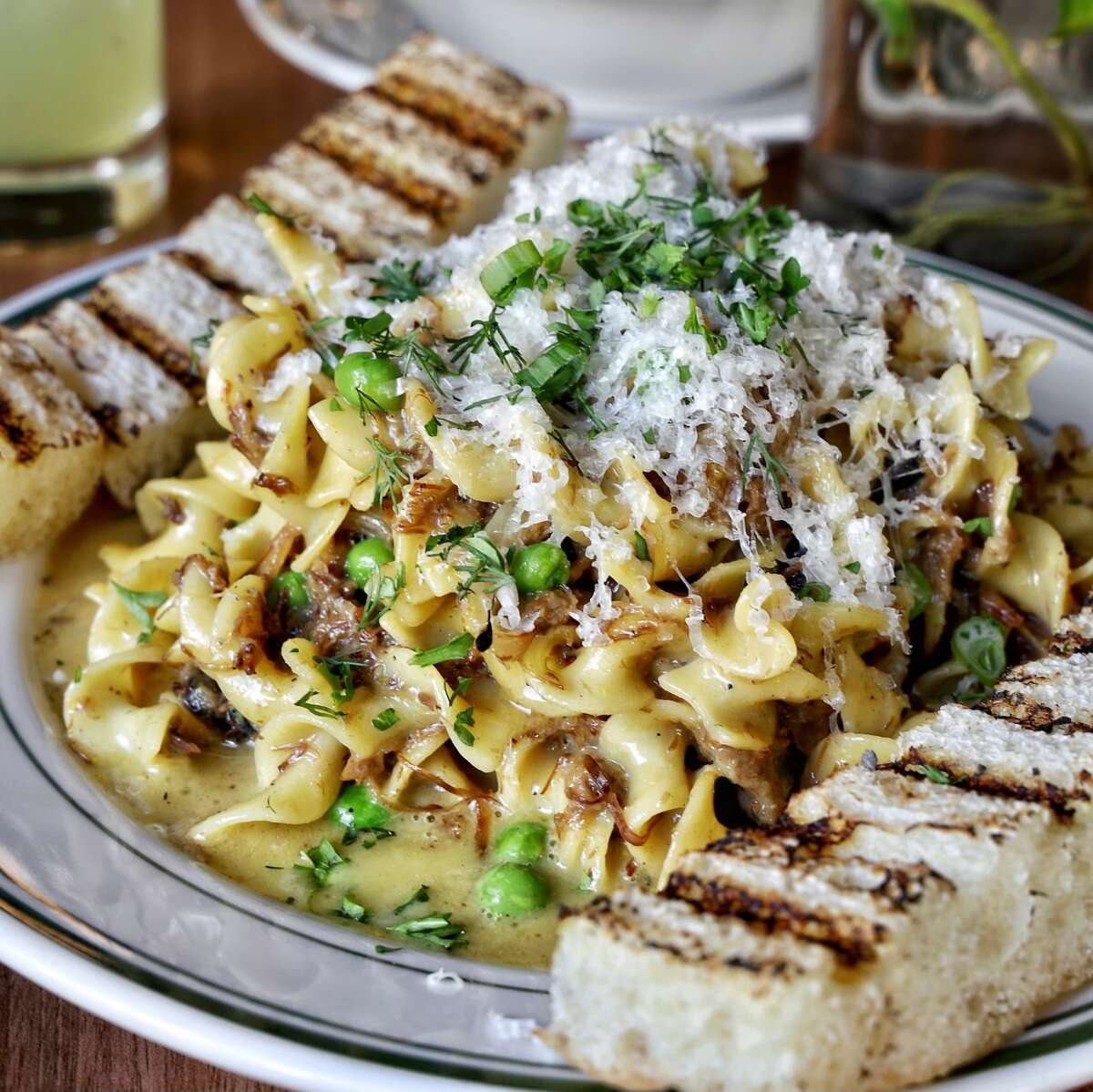 The Hayden, a Texas- and Jewish delicatessen-inspired restaurant which opened in October, serves barbacoa stroganoff on the all-day menu for $18.99. Owner Adam Lampinstein describes his diner's take on the creamy pasta dish as an infusion of two cultural staples.