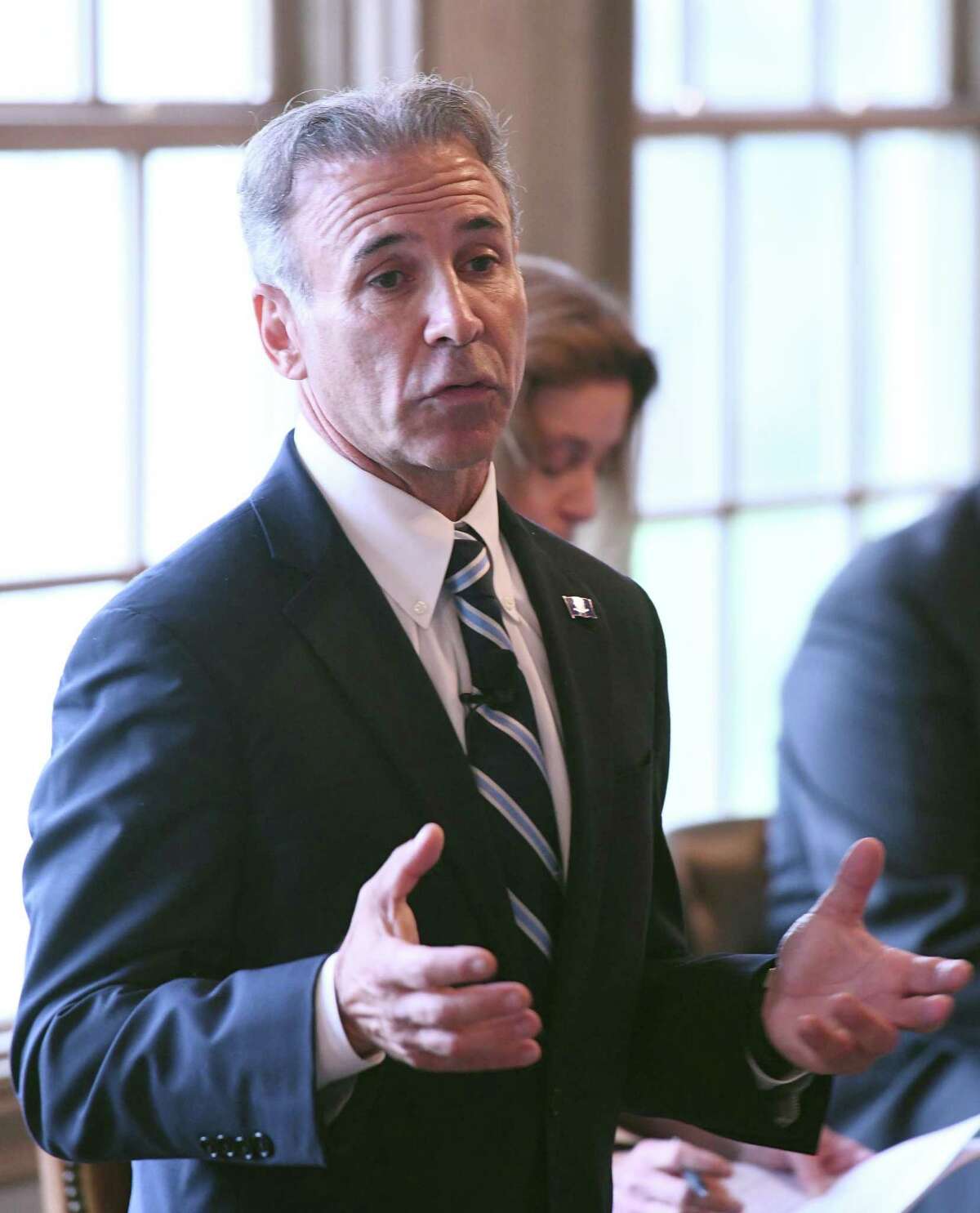 Greenwich First Selectman, shown here in 2019, testified at a public hearing on Monday voicing his opposition to Senate Bill 1068.