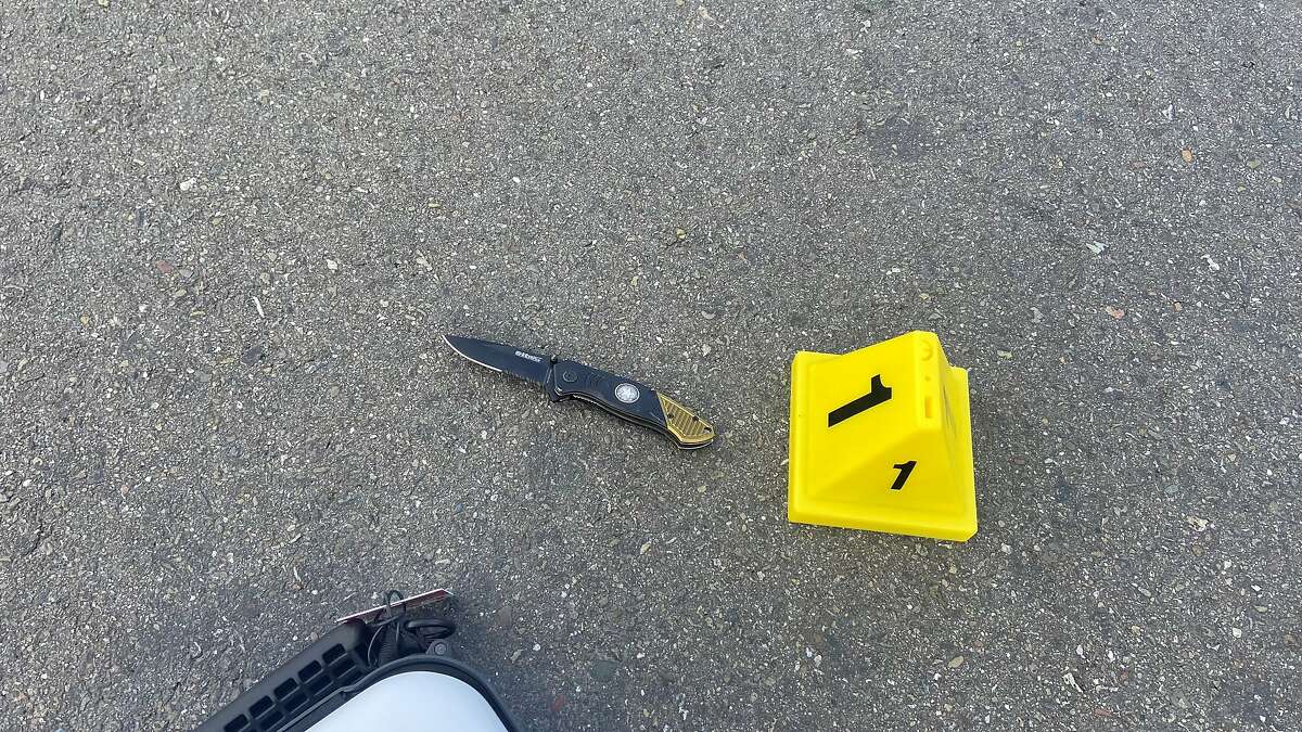 Danville police said an officer shot a man who threatened him with a knife after police responded to reports of a person throwing rocks off an overpass onto Highway 680 on Thursday, March 11, 2021. This photo, provided by the Danville Police Department, shows the knife that police said the man was holding at the time.