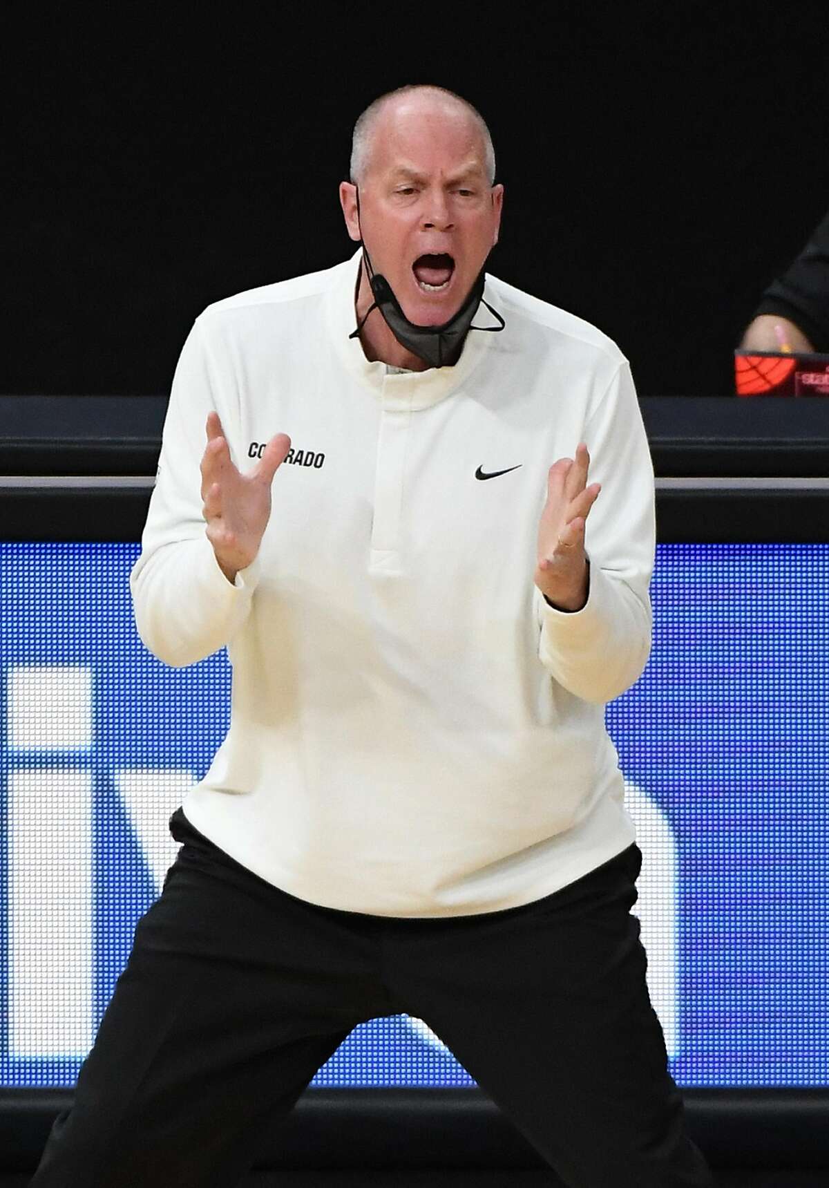 LAS VEGAS, NEVADA - MARCH 11: Head coach Tad Boyle of the Colorado Buffaloes reacts as his team takes on the California Golden Bears during the quarterfinals of the Pac-12 Conference basketball tournament on March 11, 2021 in Las Vegas, Nevada. (Photo by Ethan Miller/Getty Images)