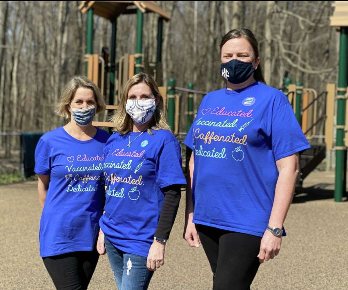 Methodist Family Preschool staff including Laurie Anderson, director, left, and teachers Sharon Warde and Karey Fitzgerald received their first COVID-19 vaccination via the town's clinics.