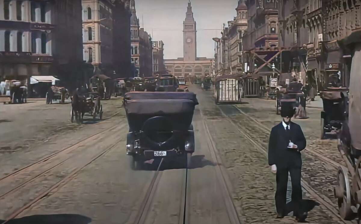 A screengrab from restored footage of Market Street in San Francisco on April 14, 1906, four days before the earthquake.