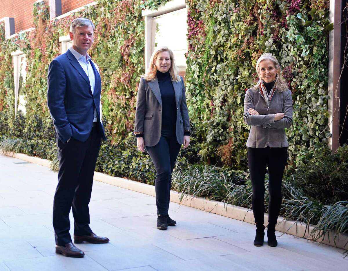 Oak HC/FT co-founders and managing partners Andrew Adams, left, Patricia Kemp, center, and Annie Lamont pose outside the Oak HC/FT office at Pickwick Plaza in Greenwich, Conn., on Monday, March 8, 2021. The Greenwich-based venture capital firm invests in early to growth-stage health care and financial technology companies.