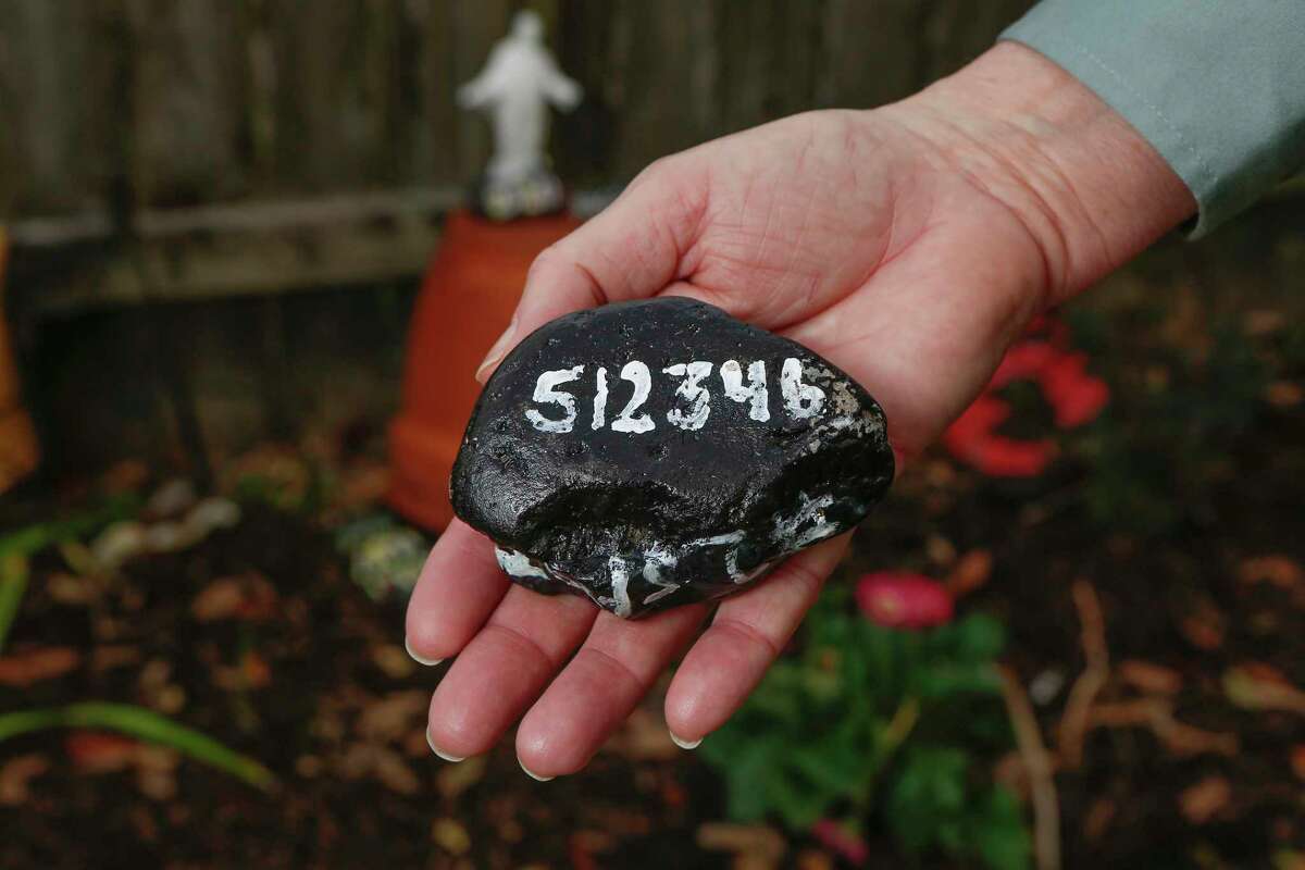 Each of Sandra Dwyer’s 12 garden stones is painted with that month’s COVID-19 death toll.