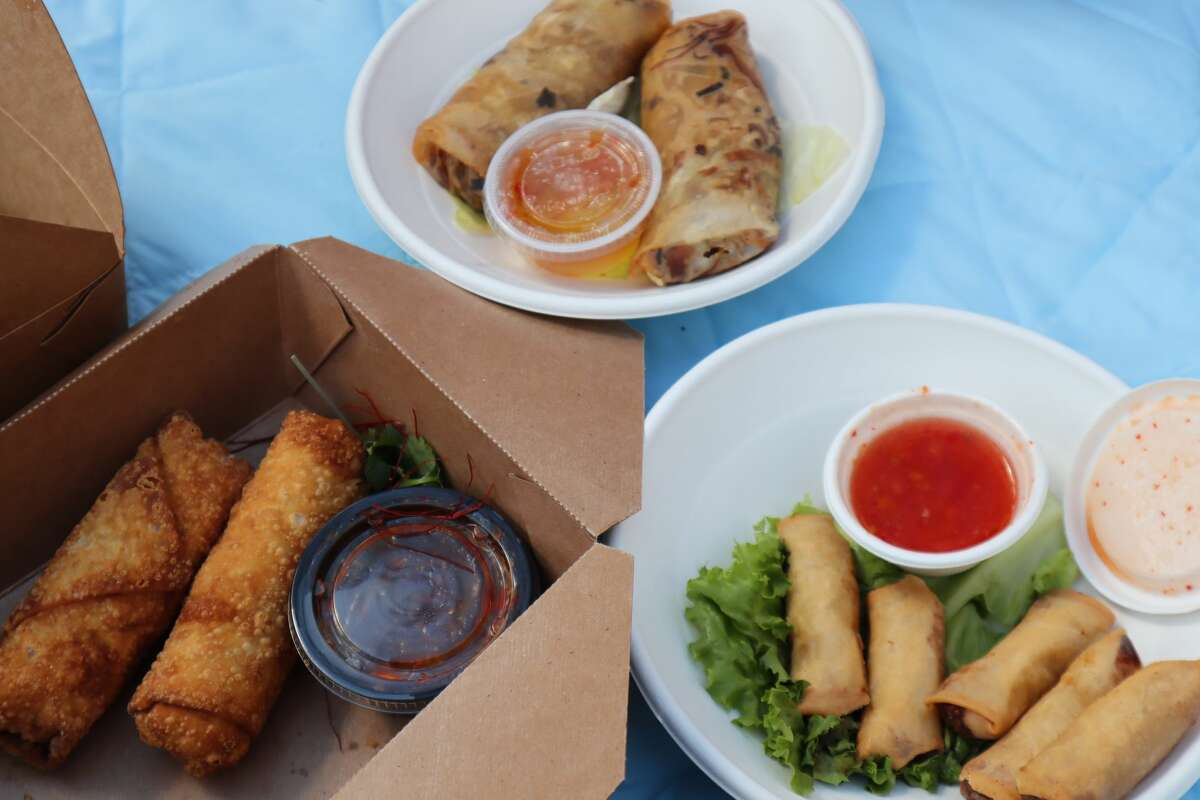 Clockwise from the top, Thai spring rolls from Hello Paradise, Sokhom spring rolls from Golden Wat and crab boudin egg rolls from Hello Paradise. 