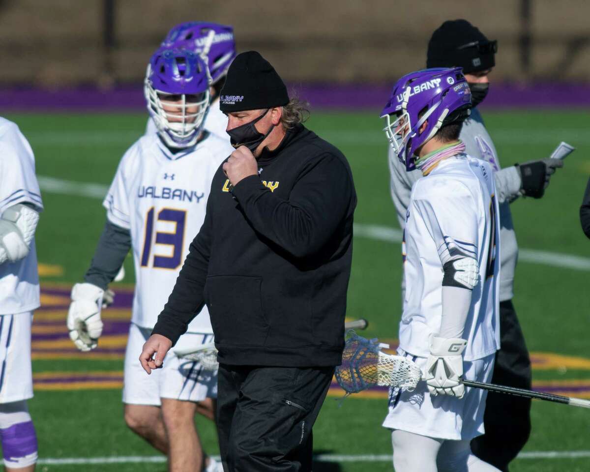 UAlbany head coach Scott Marr doesn’t look happy during a game against Vermont at John Fallon Field on the UAlbany campus in Albany, NY, on Saturday, March 13, 2021 (Jim Franco/special to the Times Union.)