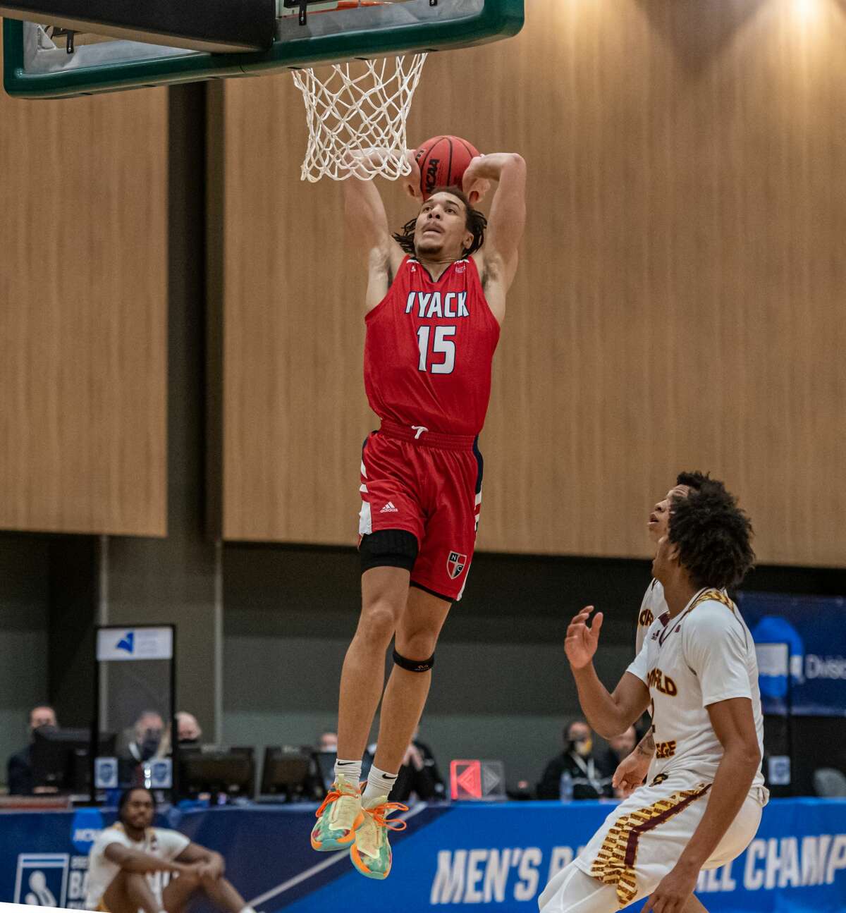 Nyack's Marquis Copeland goes up for a dunk, his only two points in a 71-58 loss to Bloomfield in an NCAA Division II basketball regioonal game Saturday, March 13, 2021, at the Albany Capital Center. (Robert Simmons/ACC)