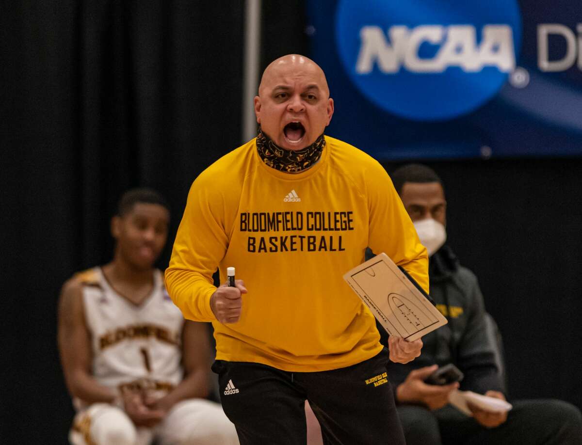 Bloomfield coach Gerald Holmes urges his team during a NCAA Division II basketball regional game Saturday, March 13, 2021, at the Albany Capital Center. (Robert Simmons/ACC)