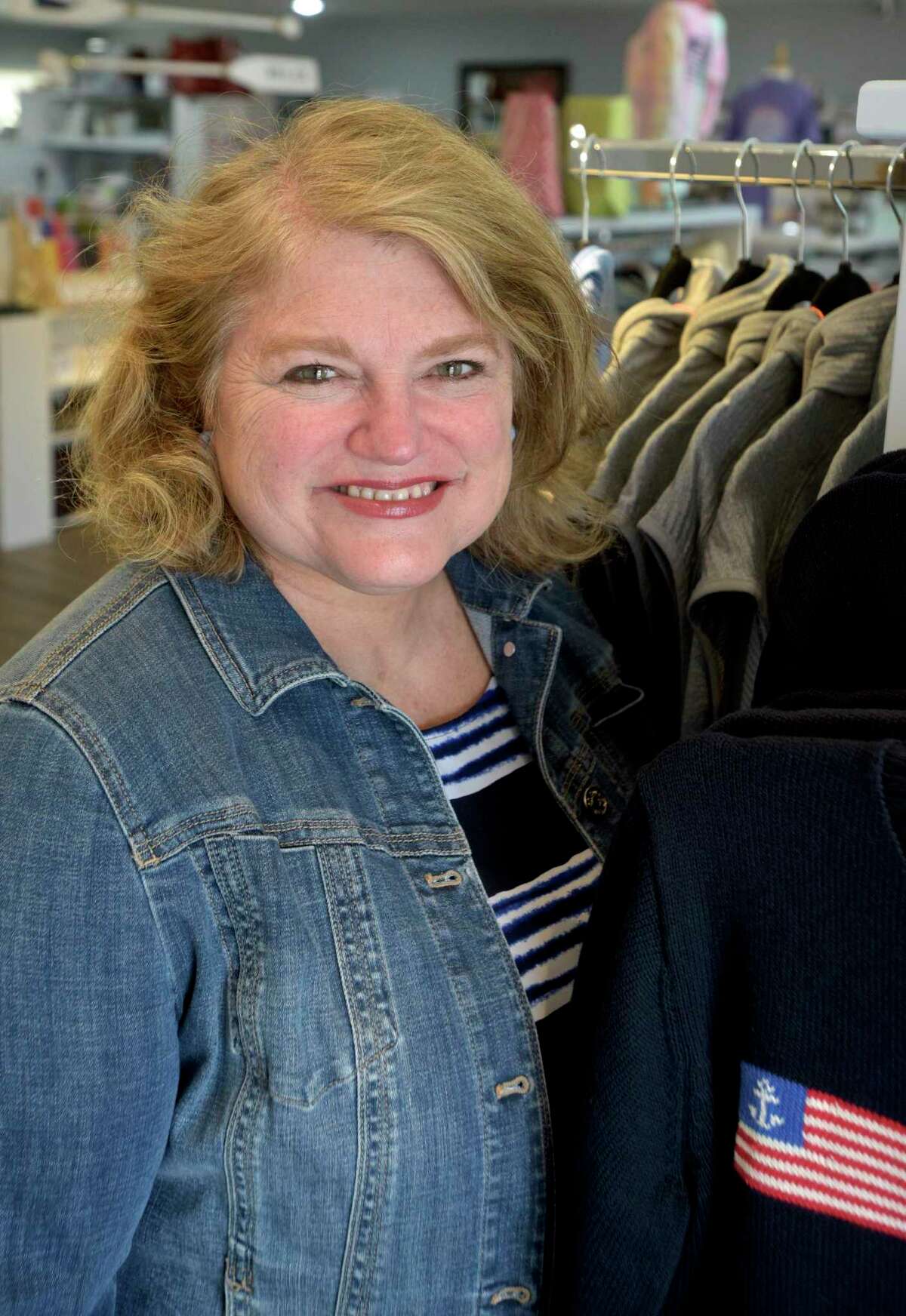 Piper and Dune owner Christine Curtis in her retail shop, a New England-style gift shop, in Bennett Square in Southbury, Conn. Thursday, March 11, 2021.