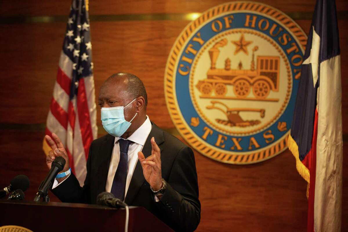 Houston Mayor Sylvester Turner talks to members of the press during a press conference discussing the departure of Houston Police Chief Art Acevedo, Monday, March 15, 2021, in Houston. Turner congratulated Acevedo for the his appointment as the new chief of the Miami Police Department.