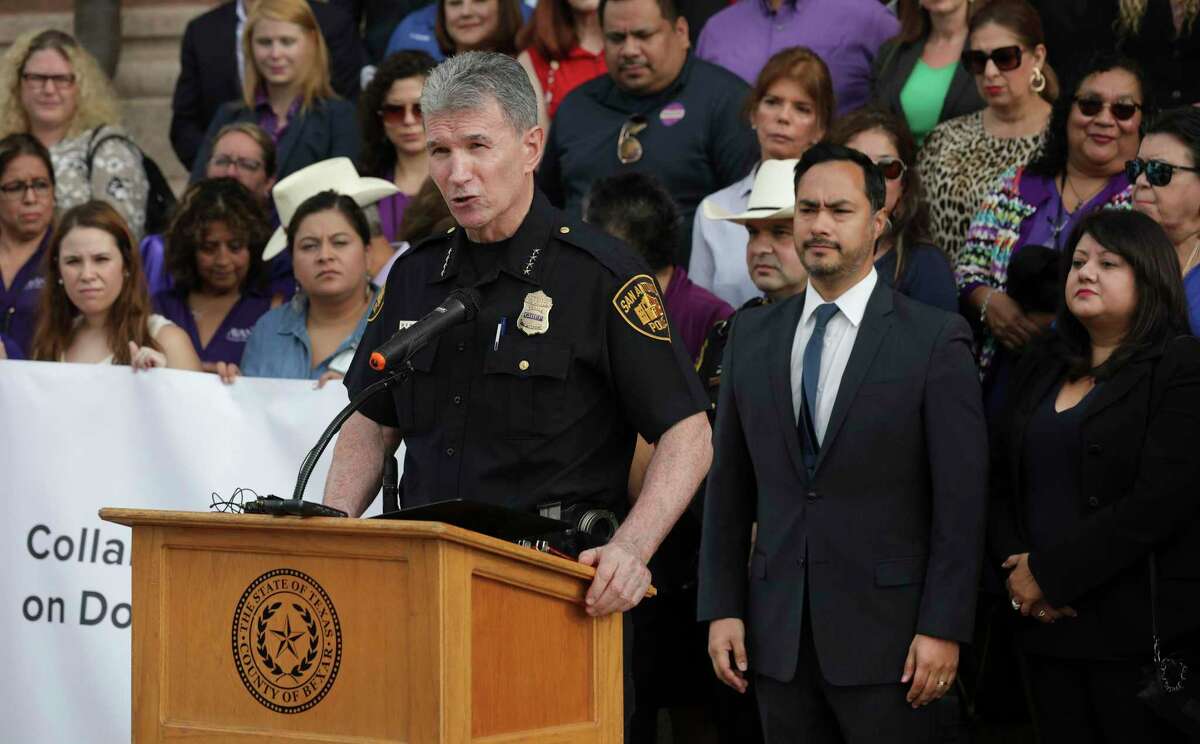 San Antonio Police Chief William McManus speaks during a press conference in August 2019 about the creation of the Collaborative Commission on Domestic Violence. Congressman Joaquin Castro and Monica Alcantara, chair of Bexar County Democratic Party, are at right.