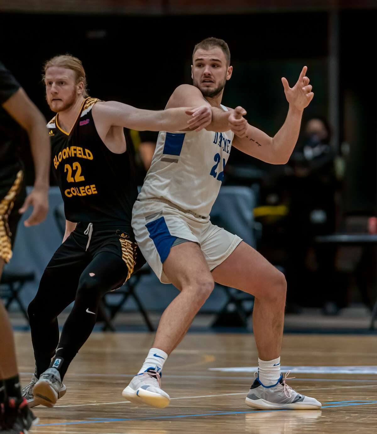 Daemen center Andrew Sischo, right, seen during an NCAA Division II regional tournament semifinal game March 15 at the Albany Capital Center, had 29 points and 16 rebounds in the Wildcats' Elite Eight loss to West Texas State A&M, 97-83. (Robert Simmons/ACC)