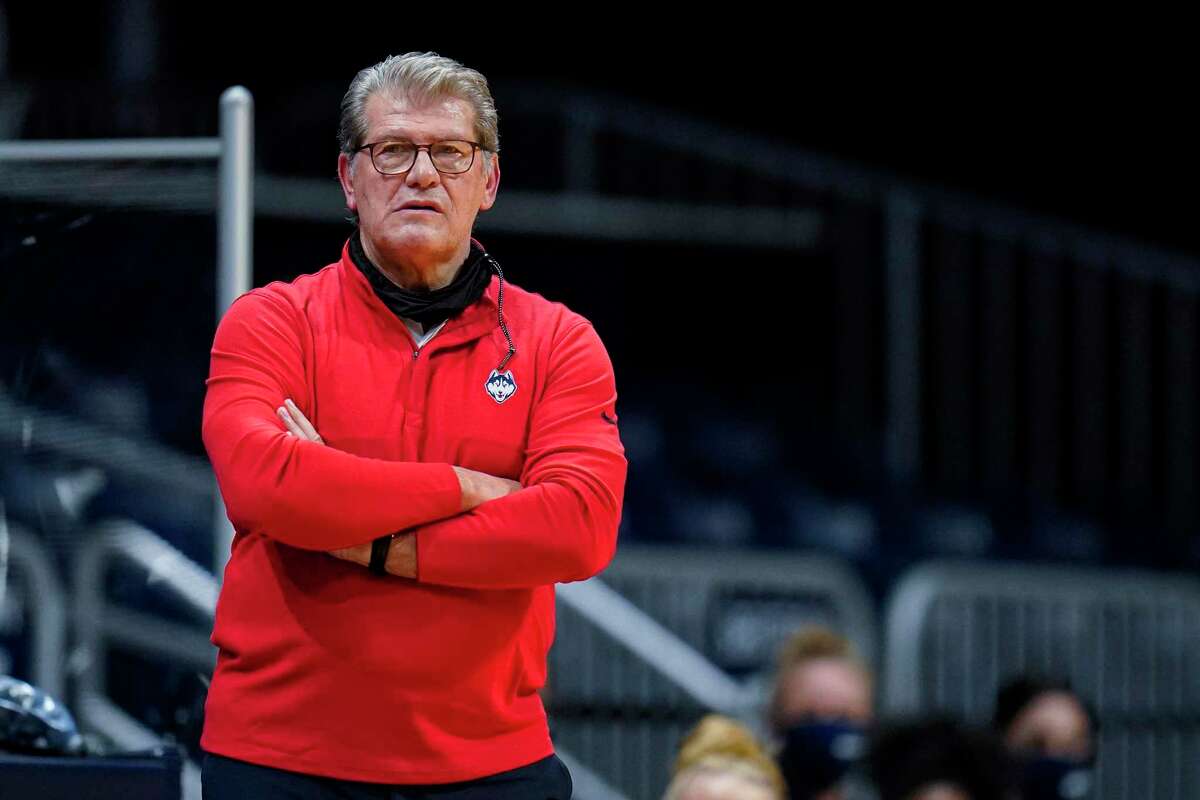 Connecticut head coach Geno Auriemma during the first quarter of an NCAA college basketball game against Butler in Indianapolis on Feb. 27.