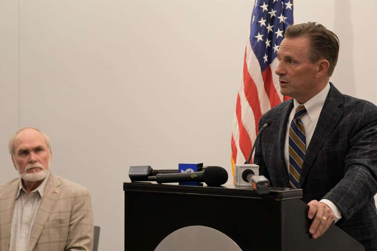 Midland Mayor Patrick Payton and Midland County Judge Terry Johnson spoke at a press conference at the Bush Convention Center Monday, March 15, 2021, in reference to the opening of a holding facility for migrant juveniles in Midland County.