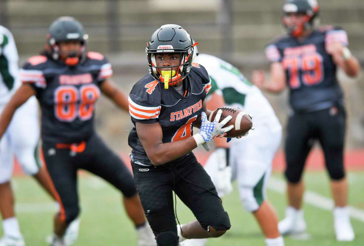 Stamford's Alain Paul scrimmages against Norwalk during a preseason football game at Boyle Stadium on Sept. 5, 2019 in Stamford, Connecticut.