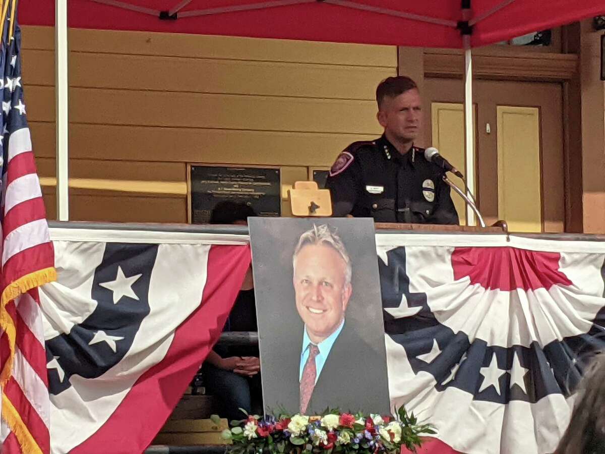Tomball police and fire personnel were among the hundreds who honored Rob Hauck on Monday at the Tomball Depot. Hauck, the city manager and former police chief, died Saturday afternoon in a one-car crash.