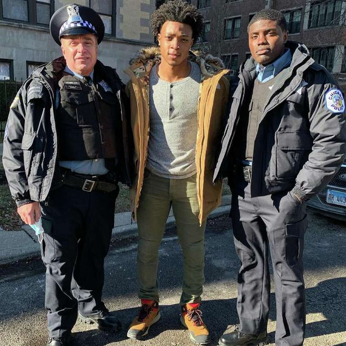 Edwardsville High School graduate Shawn Roundtree Jr., center, pictured with Michael Rispoli, left, and castmate from their scene in Chicago P.D.