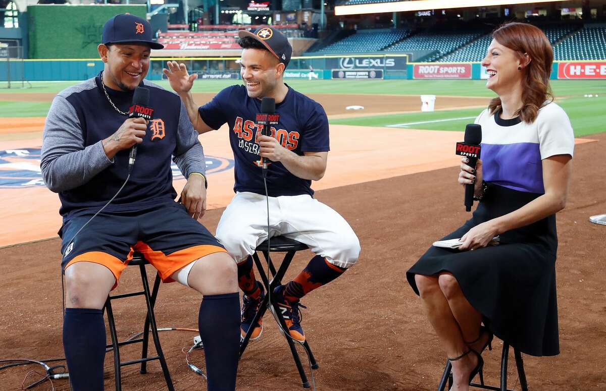 Detroit Tigers Miguel Cabrera and Houston Astros Jose Altuve sit down for an interview with Julia Morales before batting practice before the start of an MLB baseball game at Minute Maid Park, Tuesday, May 23, 2017. ( Karen Warren / Houston Chronicle )