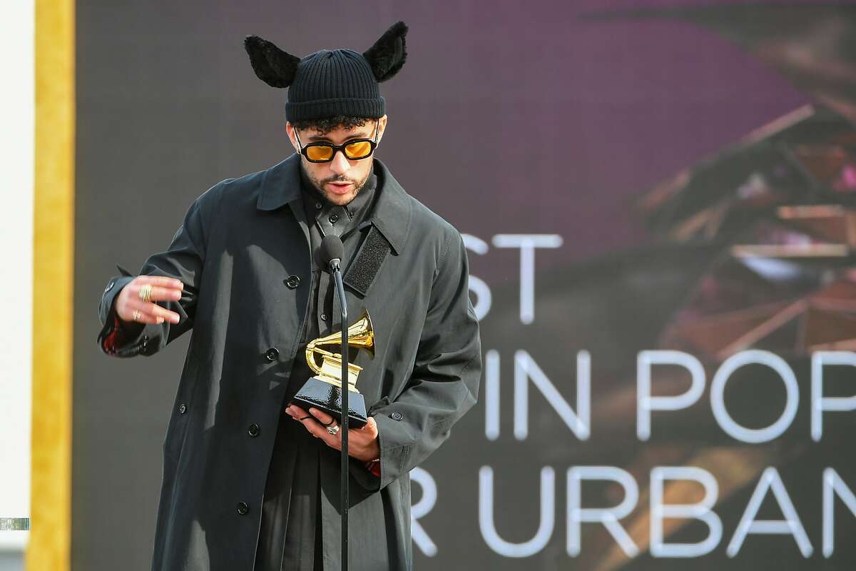 LOS ANGELES, CALIFORNIA - MARCH 14: Bad Bunny accepts the Grammy for Best Latin Pop or Urban Album for 'YHLQMDLG' onstage during the 63rd Annual GRAMMY Awards at Los Angeles Convention Center on March 14, 2021 in Los Angeles, California. (Photo by Kevin Winter/Getty Images for The Recording Academy)