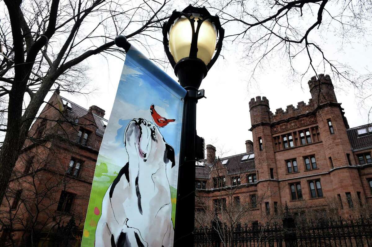 A spring banner is displayed outside of Vanderbilt Hall on Yale University’s Old Campus in New Haven on March 16, 2021, where commencement is held in the spring.
