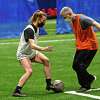 Bethlehem freshman soccer player Claire Hutton practices her ball handling skills with her coach Tom Rogan during a team practice at Afrim's Bethlehem on Tuesday, March 16, 2021 in Glenmont, N.Y. (Lori Van Buren/Times Union)