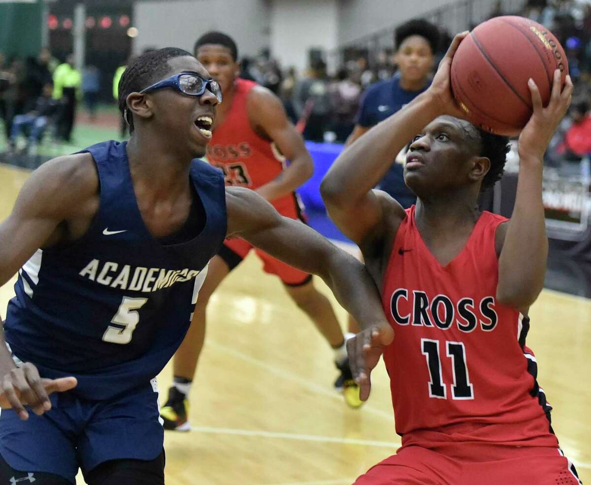 New Haven, Connecticut - Monday, March 03, 2020: Hillhouse H.S. vs. Wilbur Cross H.S. during the 2020 SCC Boys Basketball Semifinals Monday evening at the Floyd Little Athletic Center in New Haven. Wilbur Cross H.S. defeats Hillhouse H.S. 63-53.