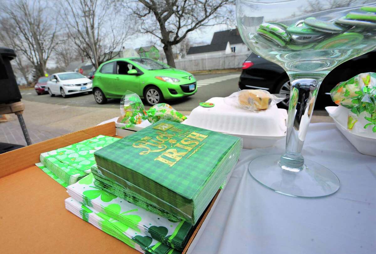 Lunches of corned beef and cabbage were boxed up and handed out for a special St. Patrick's Day drive-thru luncheon at The Bigelow Center for Senior Activities in Fairfield, Conn., on Tuesday Mar. 16, 2021.