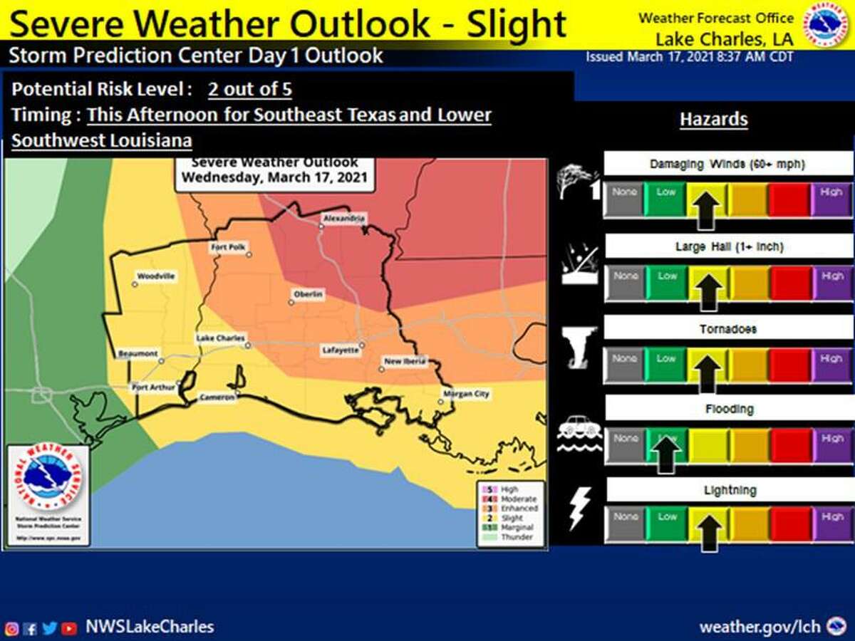 Southeast Texas is at a slight risk to see severe thunderstorms beginning around noon on Wednesday, March 17, 2021.