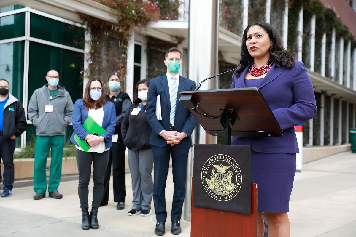 San Francisco Mayor London Breed speaks to commemorate the one year anniversary of the shutdown due to the COVID-19 pandemic at San Francisco General Hospital Wednesday.
