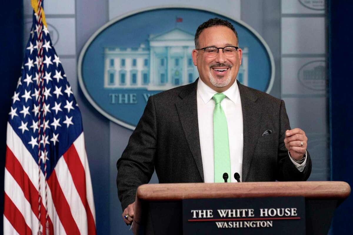 Education Secretary Miguel Cardona speaks during a press briefing at the White House, Wednesday, March 17, 2021, in Washington.