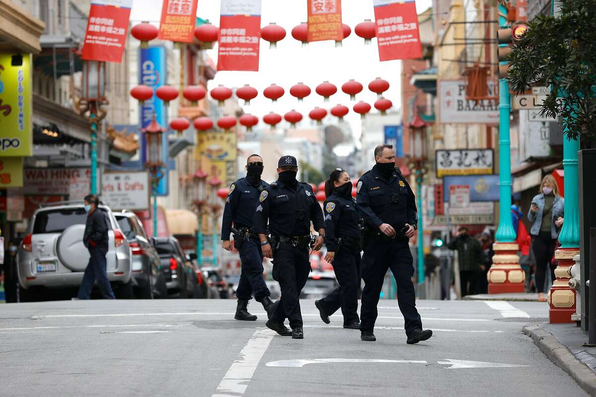 SAN FRANCISCO, CALIFORNIA - MARCH 17: San Francisco police officers patrol Chinatown on March 17, 2021 in San Francisco, California. The San Francisco police have stepped up patrols in Asian neighborhoods in the wake of a series of shootings at spas in the Atlanta area that left eight people dead, including six Asian women. The main suspect, Robert Aaron Long, 21, has been taken into custody. The San Francisco Bay Area is also seeing an increase in violence against the Asian community. (Photo by Justin Sullivan/Getty Images)