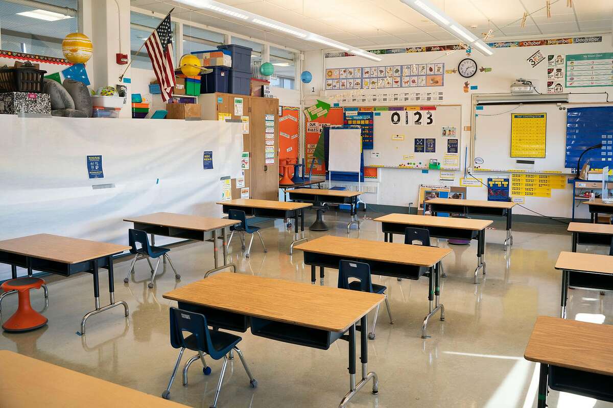 A first grade classroom is prepared to welcome students back for in-person learning at Sunset Elementary School in San Francisco, Calif., on Wednesday, Feb. 17, 2021.