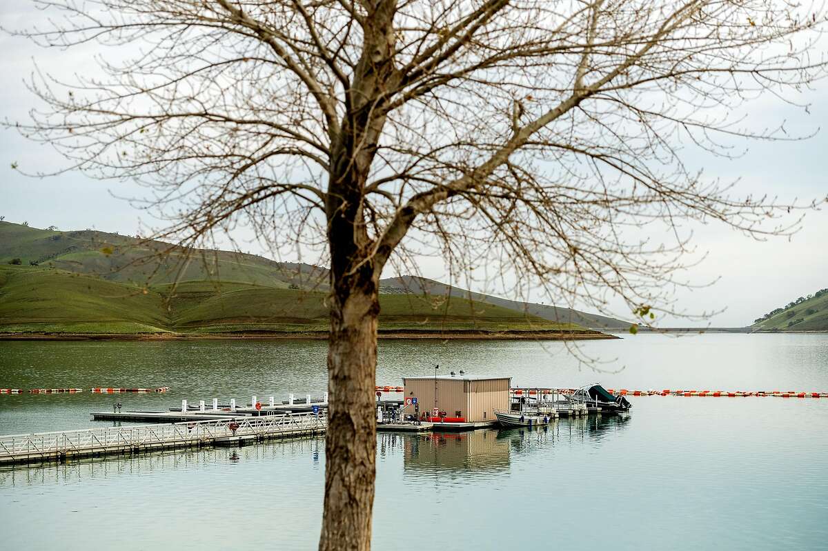 A dock houses rental boats at Los Vaqueros Reservoir in Contra Costa County. It’s prime time to catch sight of golden eagles there.
