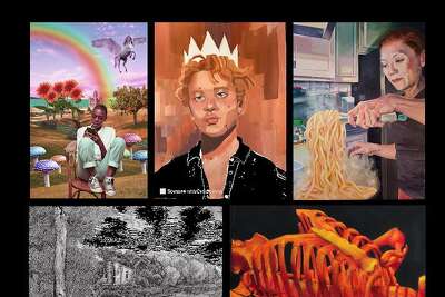 Student artwork, clockwise top left to right: Akira Maidique, digital art; Poppy Livingstone, painting; Alexandra Lam, painting; Kate Davitt, drawing & illustration; Matthew Genser, photography; Nate Kolek, drawing & Illustration